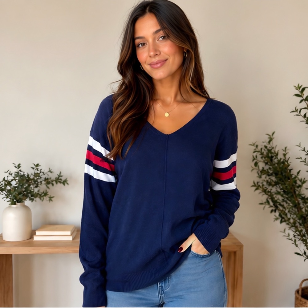 Pink Rose Navy V-Neck Sweater with White and Red Sleeve Stripes